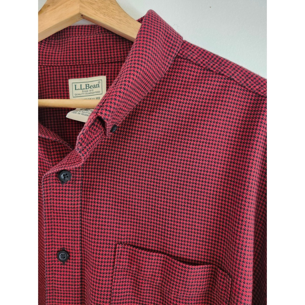 LL Bean Mens XL Flannel Shirt Red Black Houndstooth Traditional Fit Cotton - Picture 3 of 7